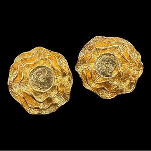 Vintage Gold-Tone Textured Layered Flower Clip-On Earrings